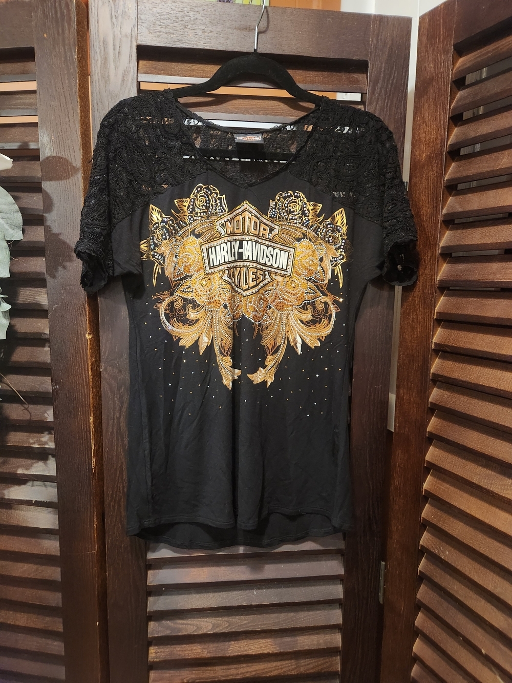 Harley-Davidson Black Tee with Gold Embellished Crest